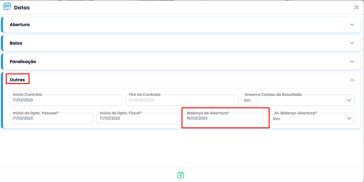 Aba Datas do Sistema Contábil Makro destaca a seção Outras e o campo para configurar corretamente a data do Balanço de Abertura.