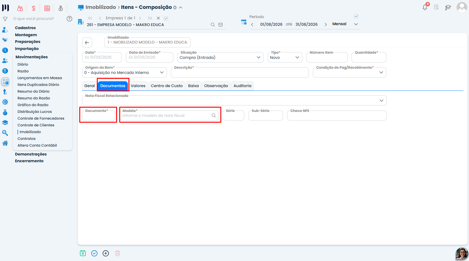Aba Documentos do Sistema Contábil Makro destaca os campos Documento e Modelo da nota fiscal durante o Cadastro de Imobilizados.