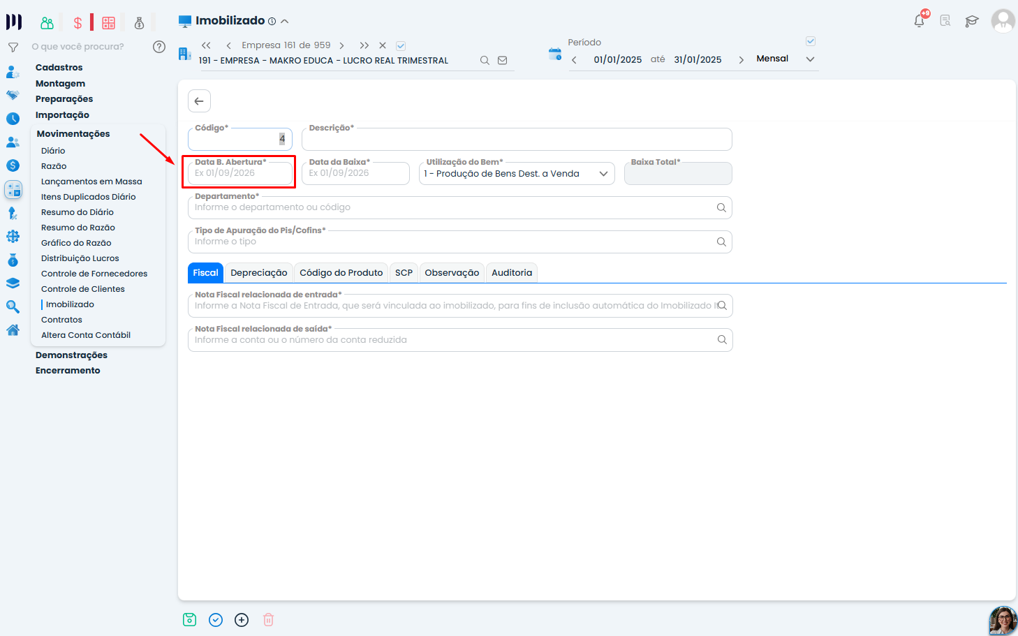 Cadastro de Imobilizado no Sistema Contábil Makro, com o campo Data B. Abertura destacado para solucionar a validação Diário x Imobilizado.
