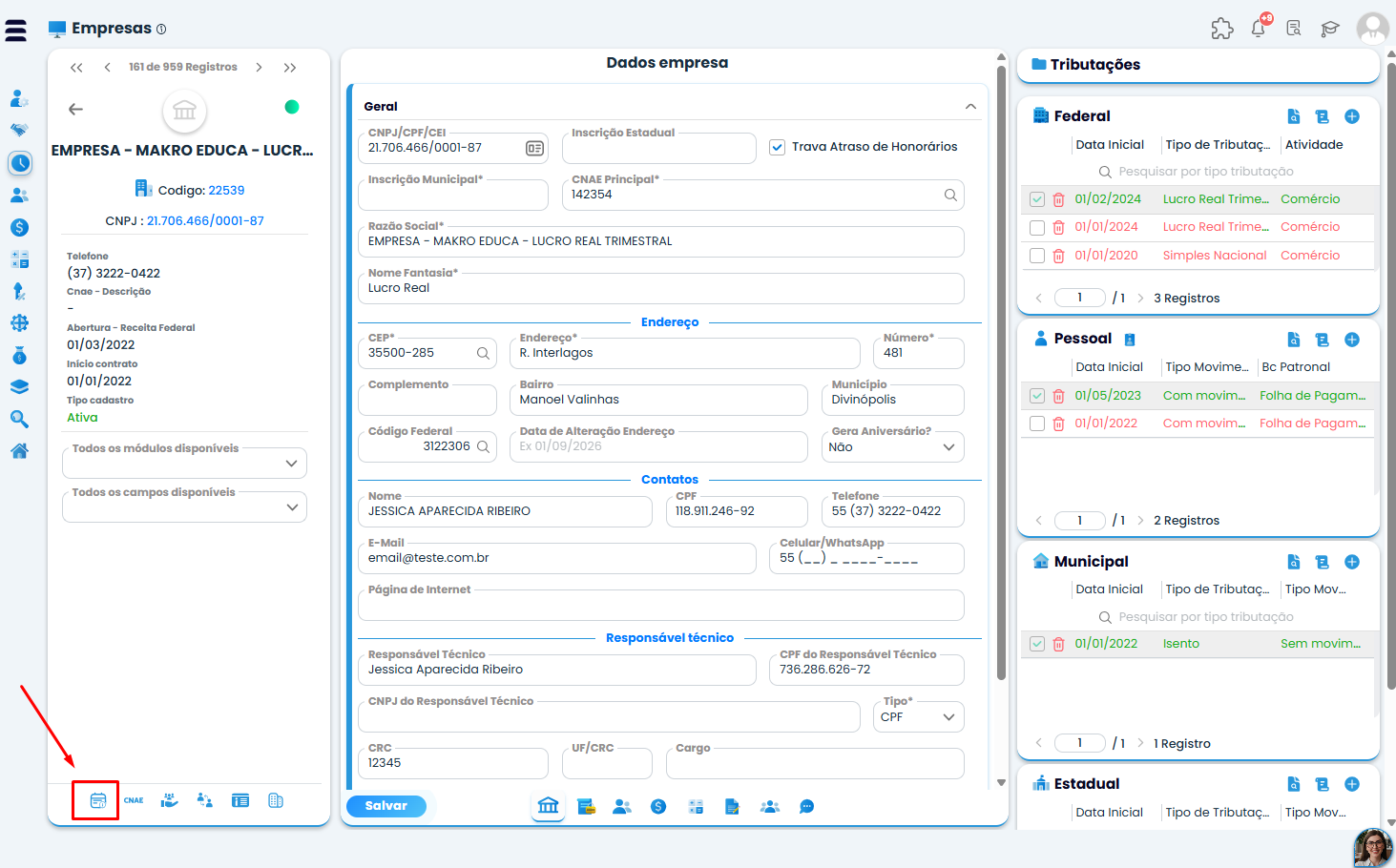 Dados da empresa no Sistema Contábil Makro, com ícone de Datas destacado para acessar configurações ligadas a Diário x Imobilizado.