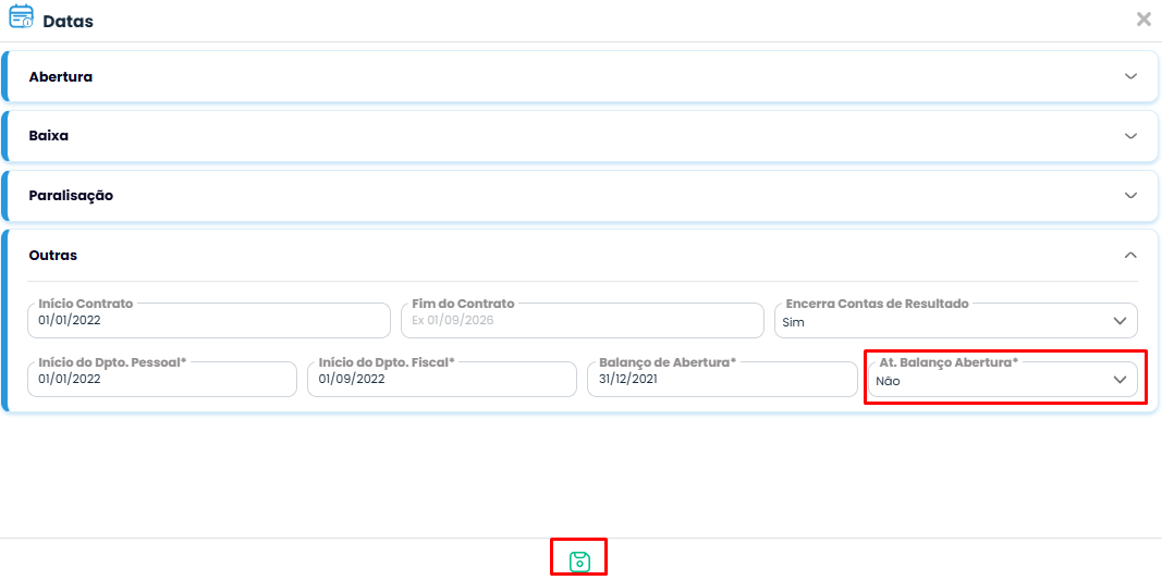 Tela de Datas no Sistema Contábil Makro, destacando At. Balanço Abertura para configurar a atualização relacionada a Diário x Imobilizado.