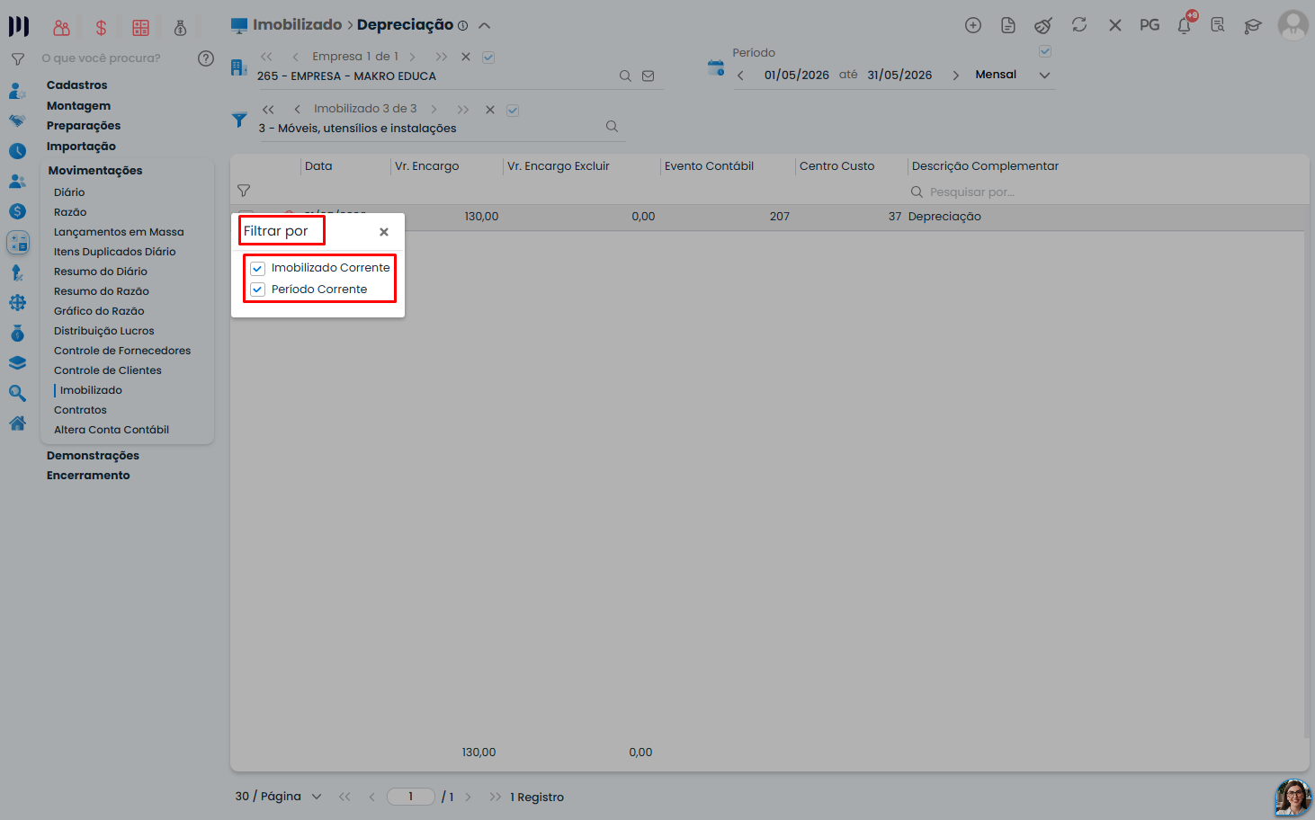Tela do Sistema Contábil Makro destaca os filtros Imobilizado Corrente e Período Corrente na Geração de Depreciação do Imobilizado.