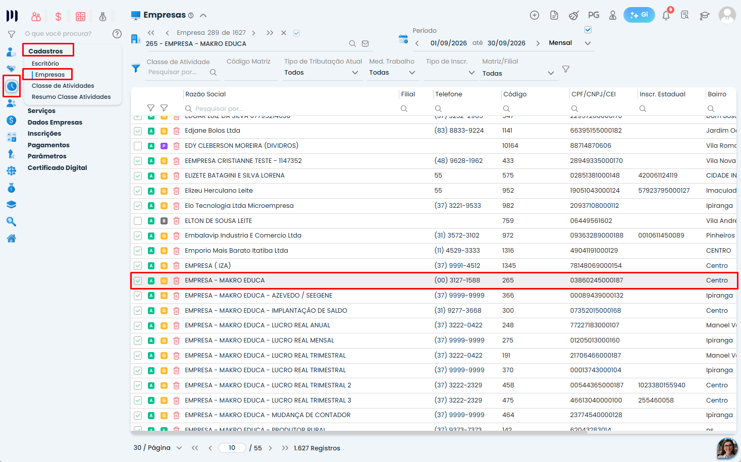 Tela de empresas do Sistema Contábil Makro, com cadastro selecionado para configurar a DCTFWeb Unificação - Parte 1 na empresa desejada.