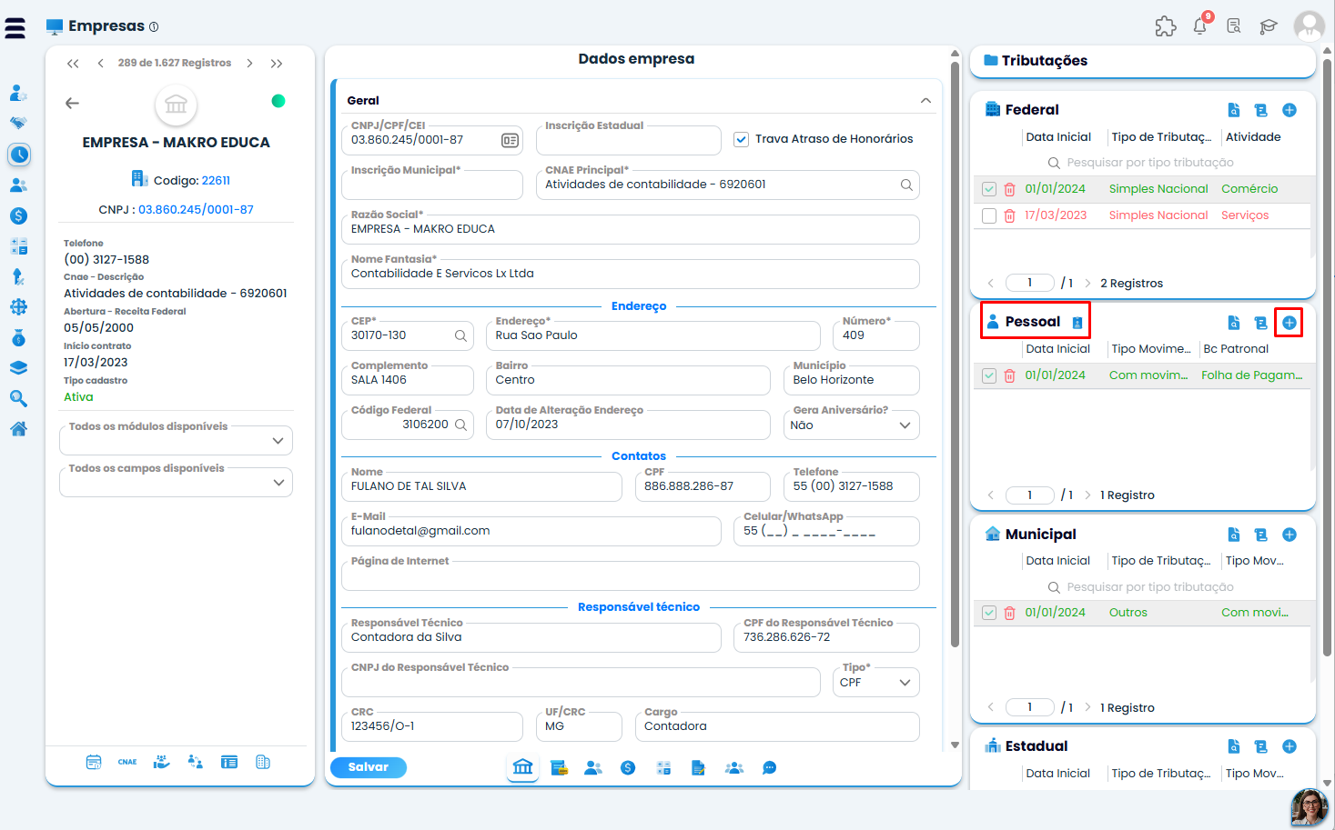 Cadastro da empresa no Sistema Contábil Makro, com área de tributação pessoal destacada para configurar a DCTFWeb Unificação - Parte 1.
