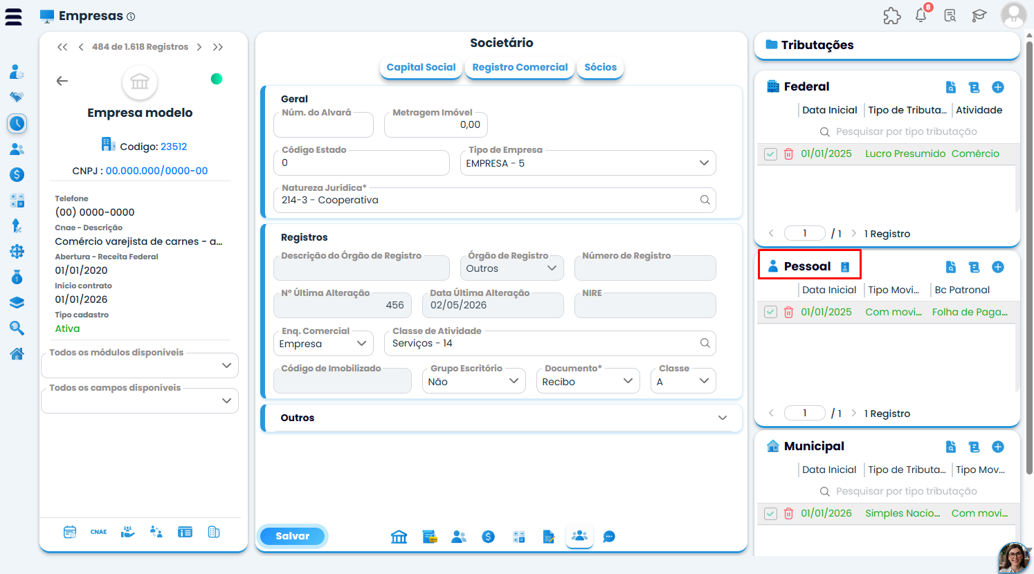 Cadastro de empresa no Sistema Contábil Makro destaca a tributação Pessoal para configurar o eSocial sem movimento de empresa.