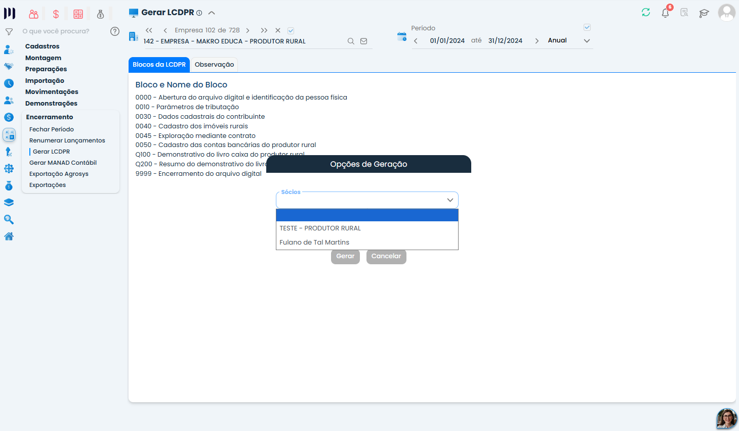 Sistema Contábil Makro exibe lista para selecionar o sócio ou produtor rural na geração do arquivo dos Cadastro Iniciais para LCDPR.