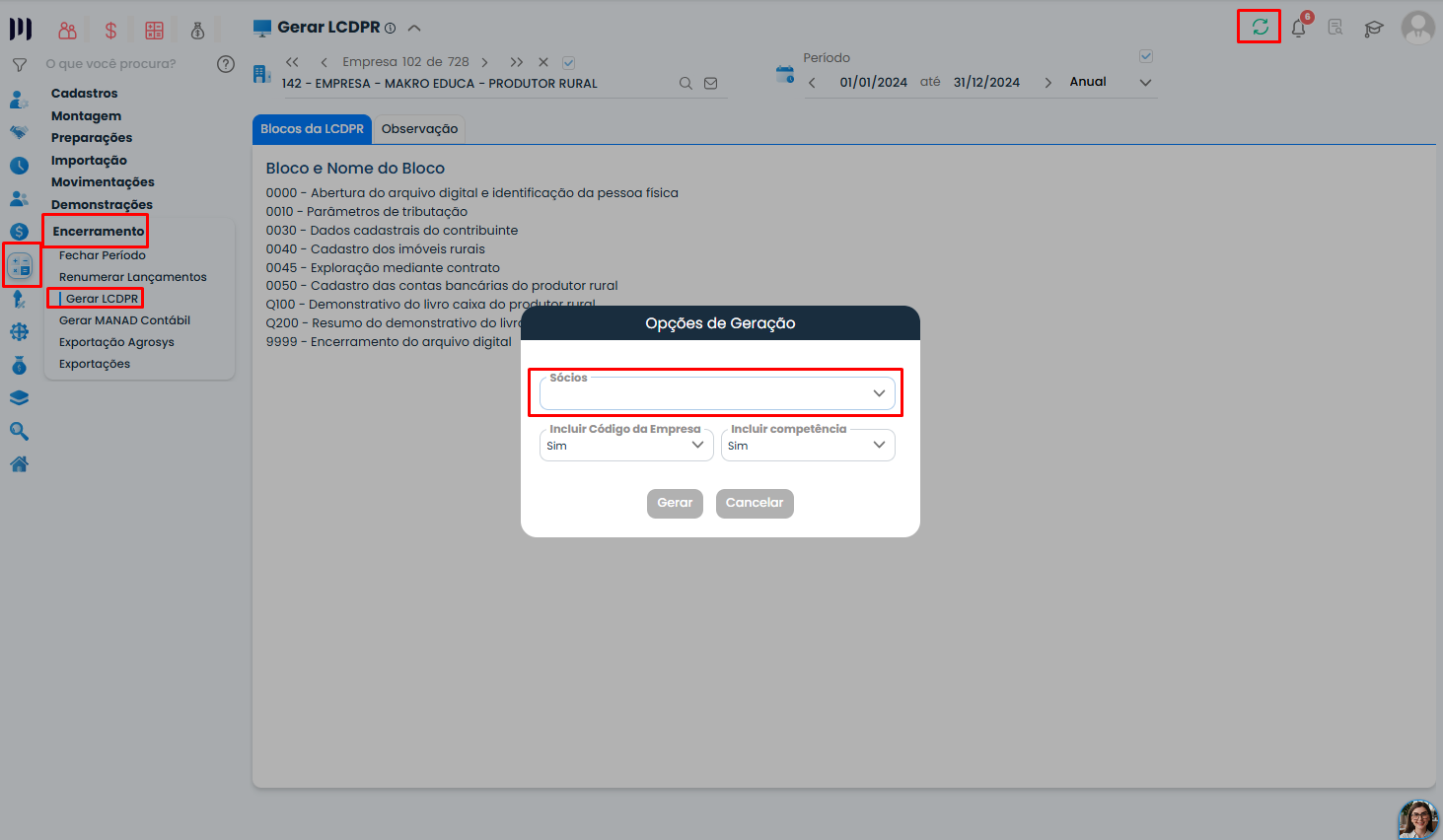 Tela do Sistema Contábil Makro apresenta a geração do arquivo e seleção de sócios como etapa dos Cadastro Iniciais para LCDPR no sistema.