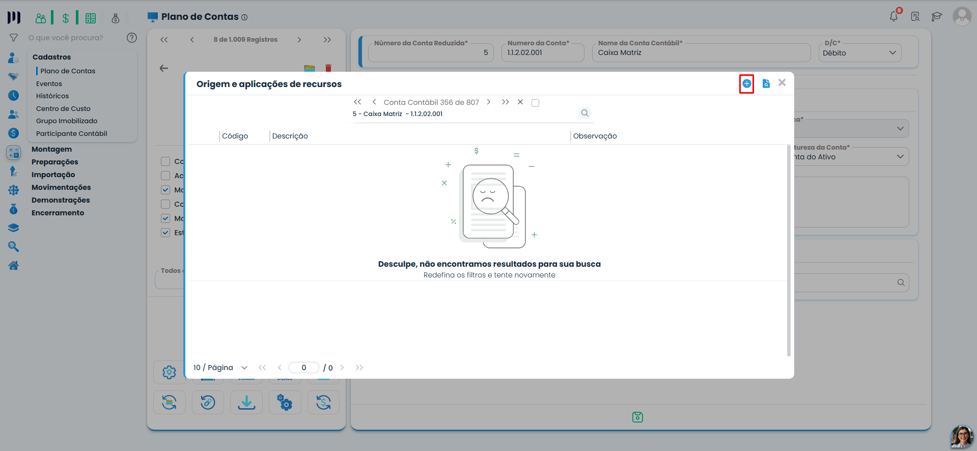 Tela de Origem e Aplicações de Recursos no Sistema Contábil Makro permite consultar registros necessários à configuração da ECF para imunes e isentas.