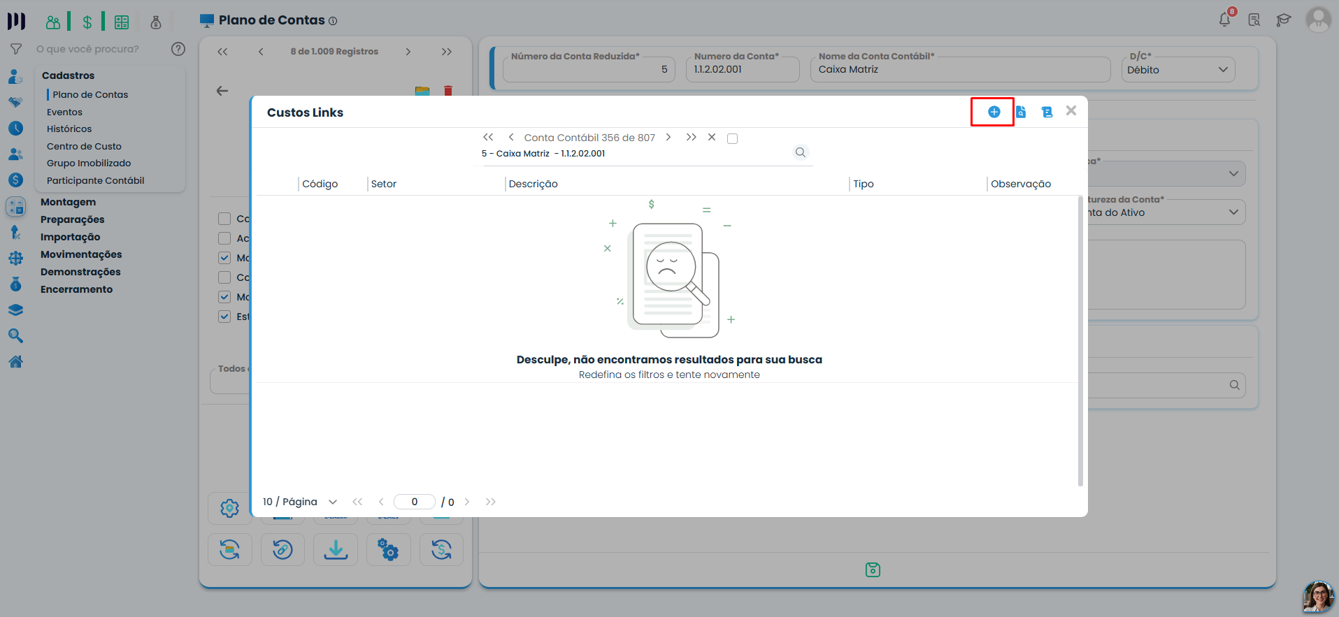 Janela Custos Links do Sistema Contábil Makro permite consultar e cadastrar vínculos de custos das contas contábeis para o registro L210 da ECF.