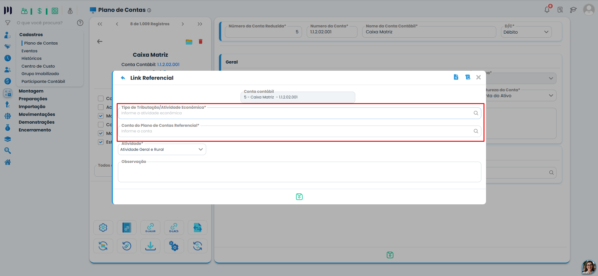 Cadastro de Link Referencial no Sistema Contábil Makro mostra campos para vincular plano de contas referencial e atividade na configuração da ECF.