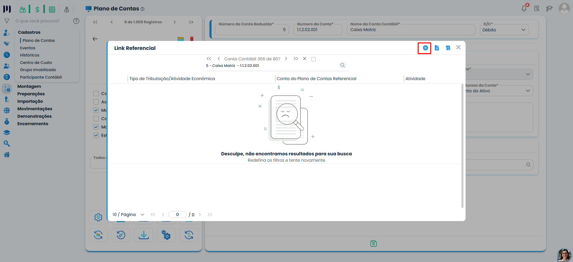 Janela Link Referencial do Sistema Contábil Makro permite consultar vínculos entre contas contábeis e referenciais necessários para gerar a ECF.