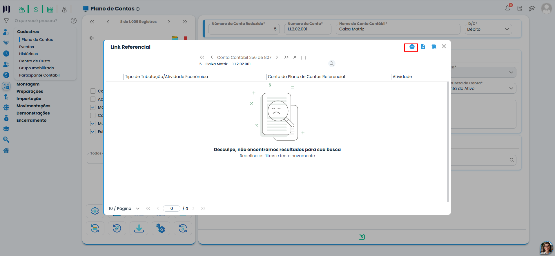 Tela Link Referencial no Sistema Contábil Makro apresenta consulta de contas referenciais para realizar o mapeamento contábil exigido pela ECF.