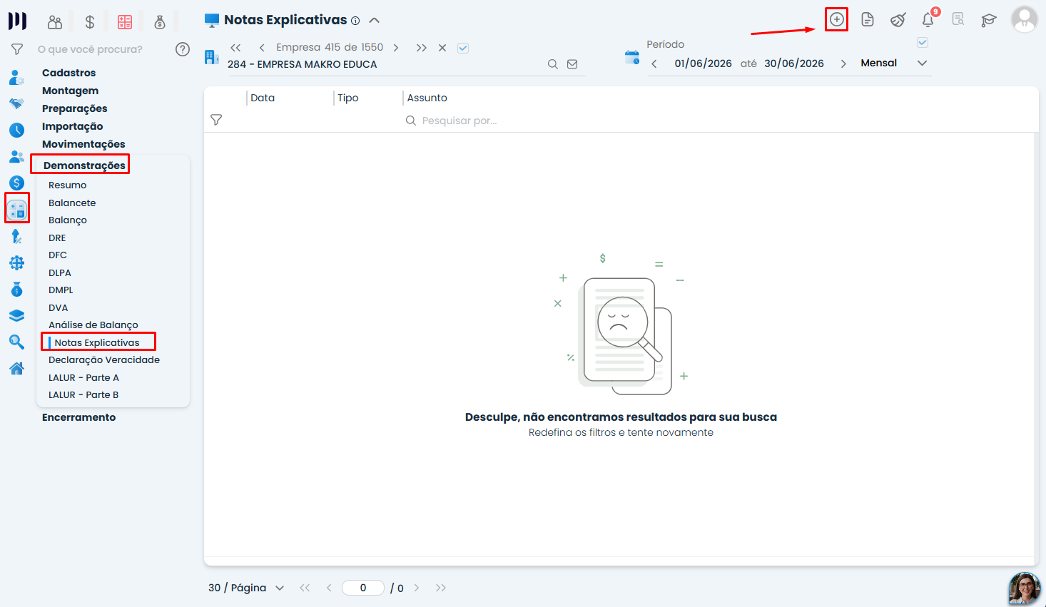 Tela do Sistema Contábil Makro destaca menu Notas Explicativas e botão de novo registro para realizar a Inclusão de notas explicativas.