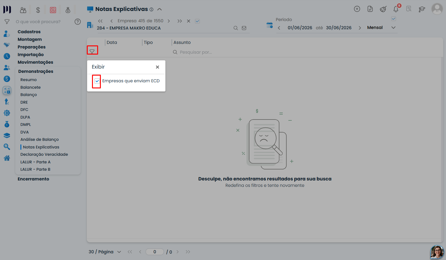 Tela do Sistema Contábil Makro destaca filtro de empresas que enviam ECD para localizar registros de Inclusão de notas explicativas.