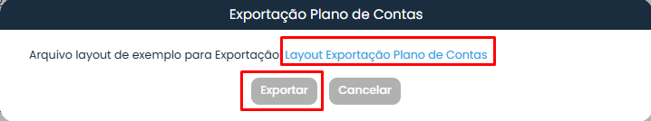 Janela de exportação de Planos de Contas no Sistema Contábil Makro, destacando o acesso ao layout e o botão para iniciar a exportação.