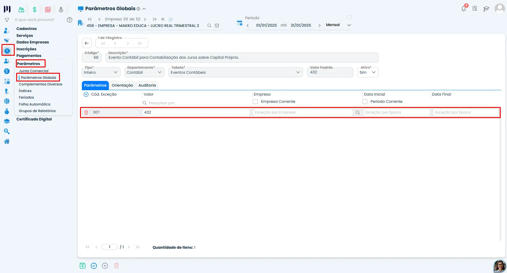Sistema Contábil Makro apresenta o Parâmetro 68 com o evento contábil 432 configurado para Juros sobre Capital Parte 1.