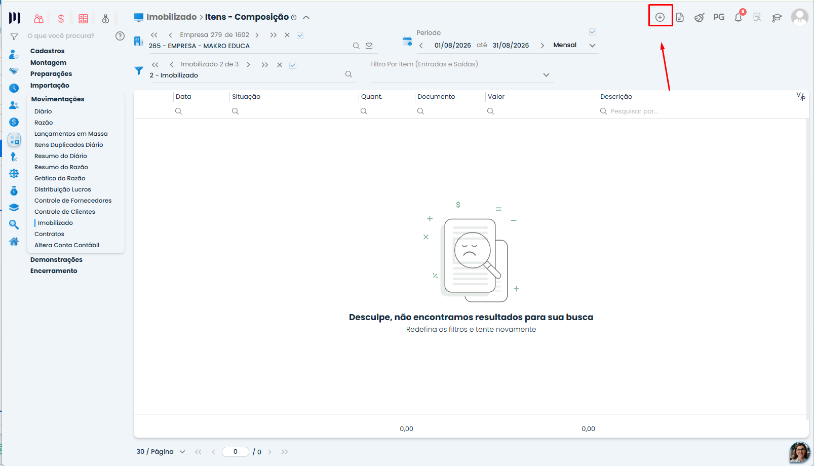 Tela de Itens de Composição do Sistema Contábil Makro destaca o botão de inclusão de novo registro para realizar a venda de imobilizado.