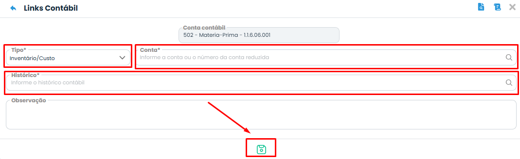 Formulário do Sistema Contábil Makro destaca os campos Tipo, Conta e Histórico para salvar o Cadastro para o Tipo de Estoque.