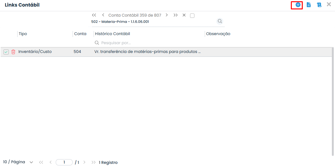 Janela do Sistema Contábil Makro apresenta Links Contábil com ícone de inclusão marcado para o Cadastro para o Tipo de Estoque.