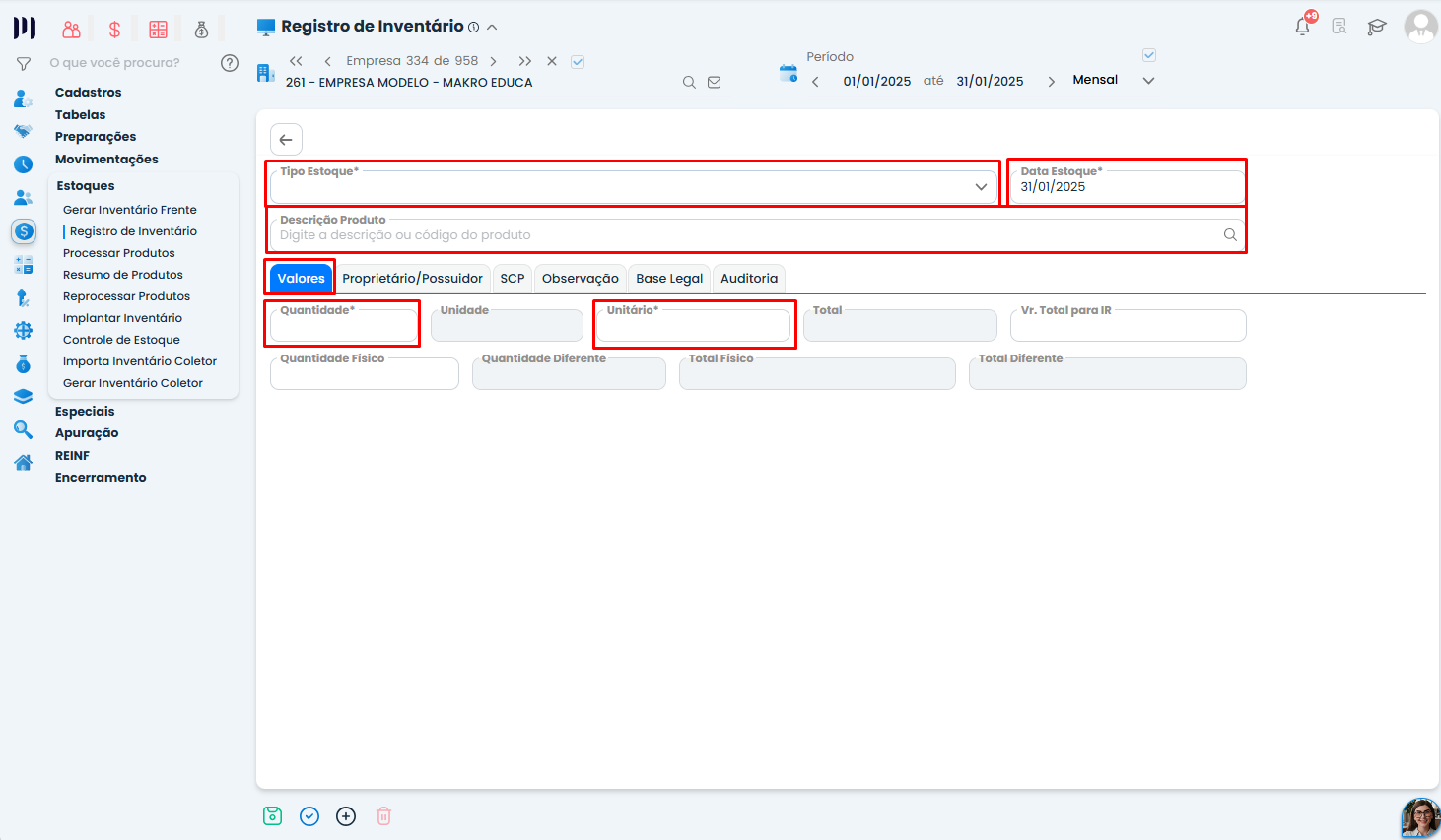 Formulário do Sistema Contábil Makro exibe campos de tipo, data, produto, quantidade e valor no Cadastro para o Tipo de Estoque.