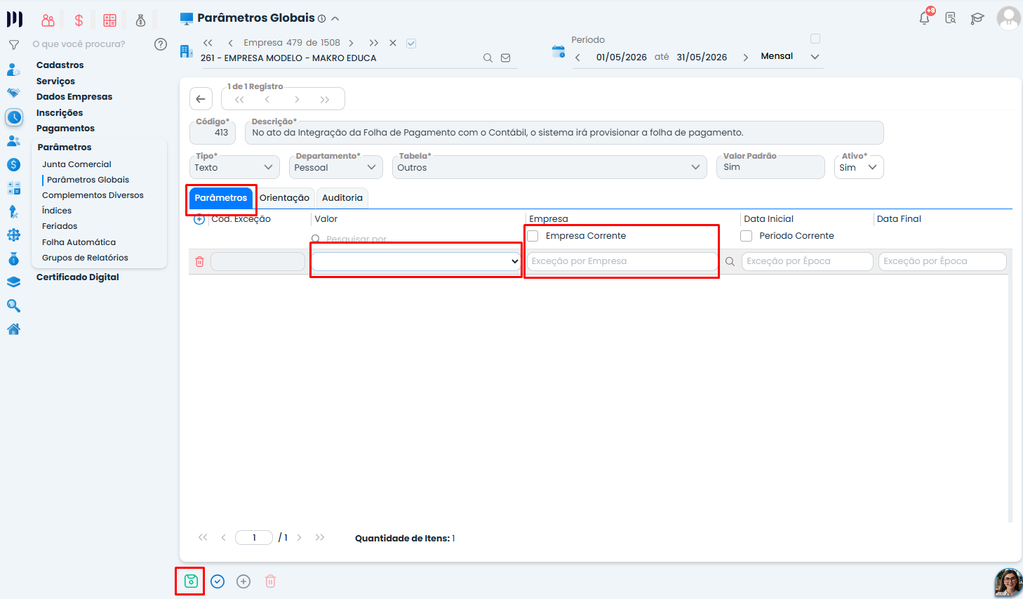 Tela do Sistema Contábil Makro exibe os campos Valor e Empresa Corrente para configurar os Parâmetros da integração pessoal por empresa.