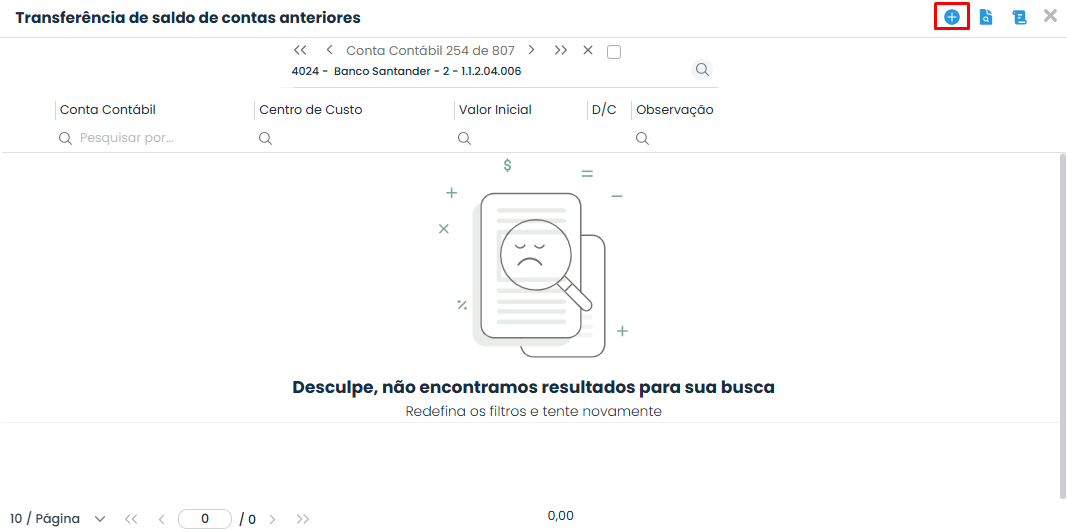 Tela de transferência de saldos no Sistema Contábil Makro destaca o botão de inclusão para cadastrar valores do Registro C155 na ECD.