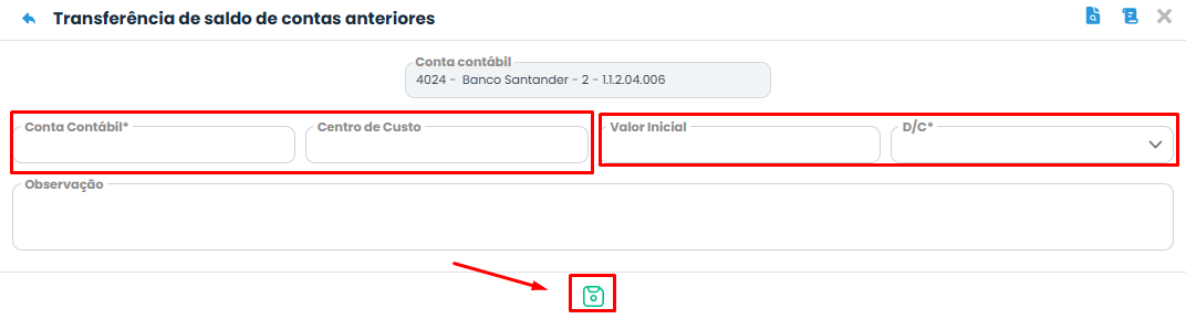 Formulário do Sistema Contábil Makro destaca conta, centro de custo, valor inicial e natureza para informar saldos do Registro C155 na ECD.
