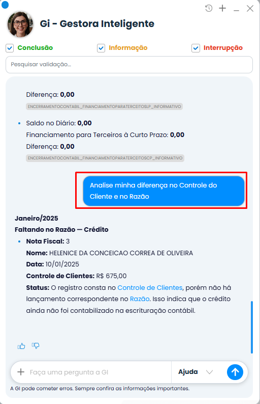 Tela do Sistema Contábil Makro apresenta Controle de Fornecedores Atualização com análise da diferença entre controle e Razão.