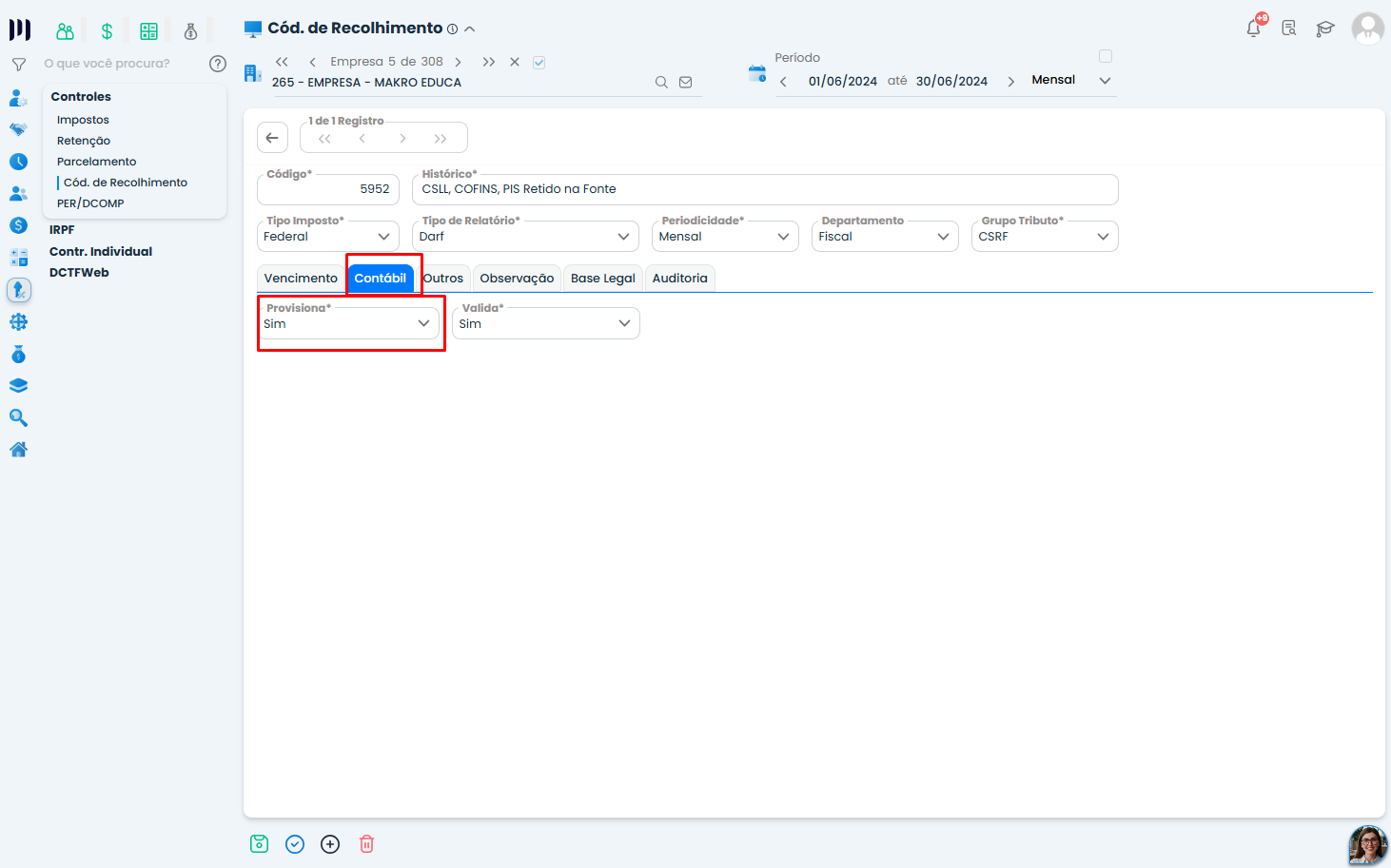Tela do Sistema Contábil Makro destaca a aba Contábil e o campo Provisiona como Sim para configurar a Provisão de PIS e Cofins.