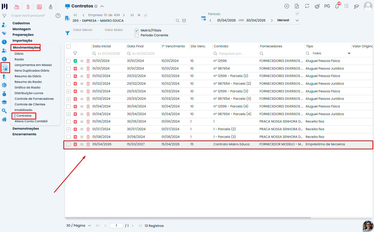 Tela de Contratos do Sistema Contábil Makro destaca empréstimo selecionado para realizar a configuração da Transferência de Saldo.
