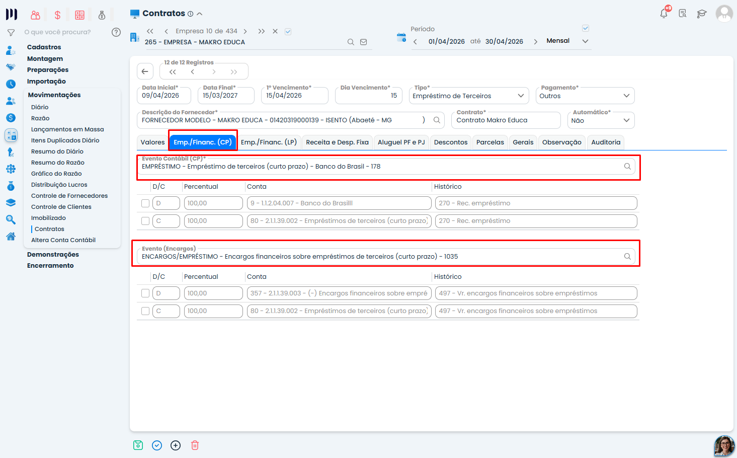 Sistema Contábil Makro exibe evento de empréstimo de curto prazo destacado para configurar corretamente a Transferência de Saldo.