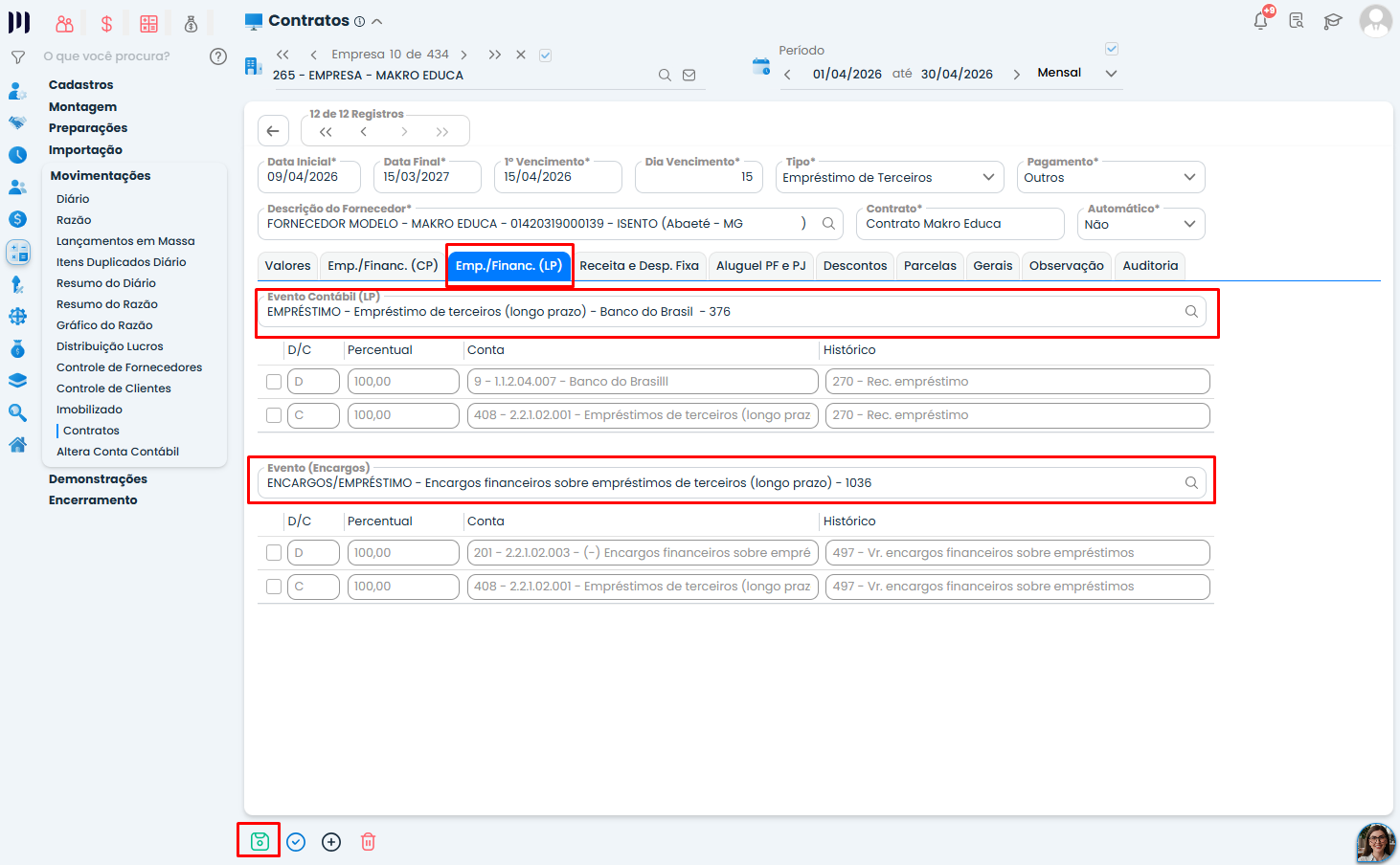 Sistema Contábil Makro mostra evento de empréstimo de longo prazo destacado para configurar corretamente a Transferência de Saldo.
