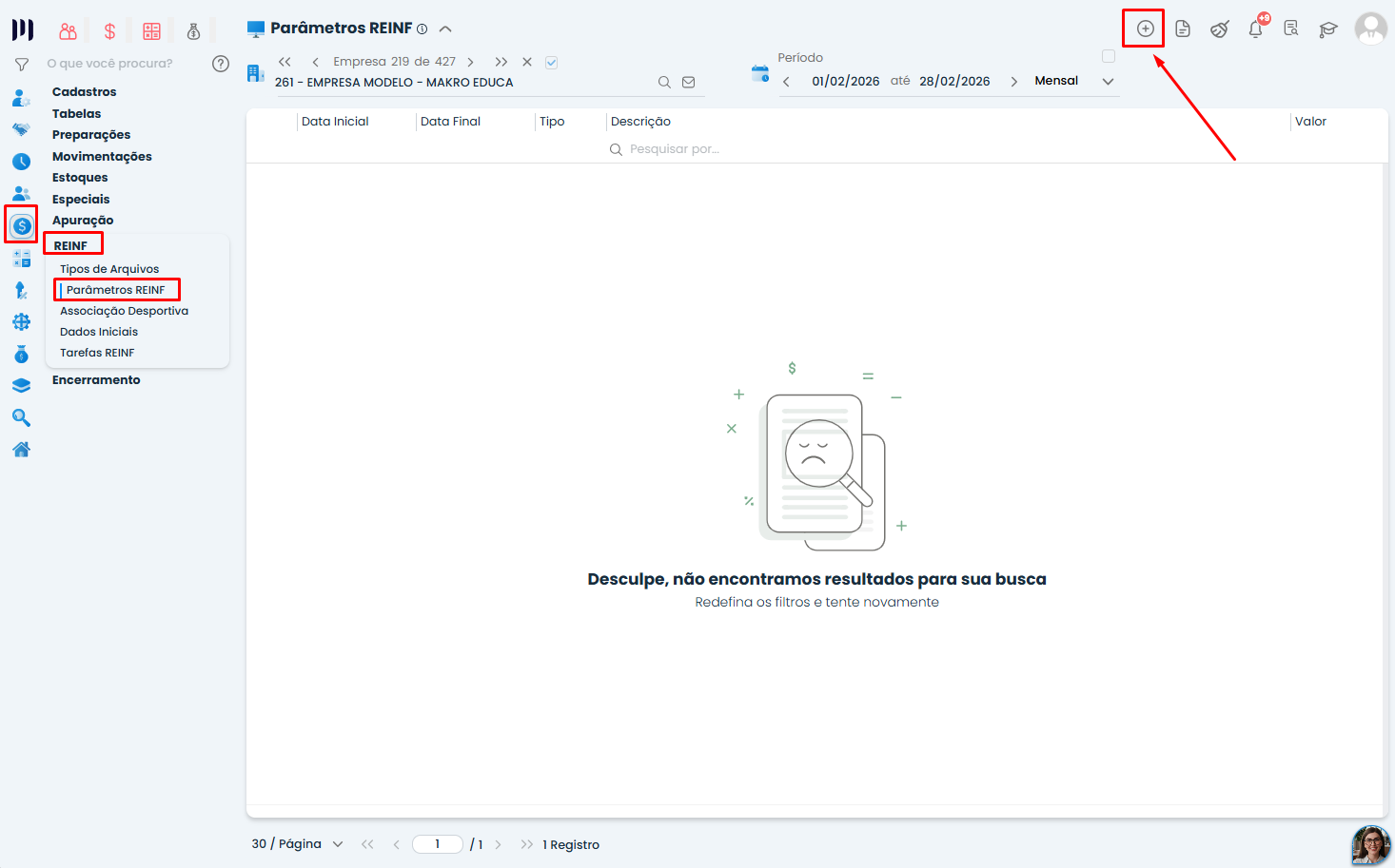 Tela de Parâmetros REINF no Sistema Contábil Makro, com menu REINF destacado e botão para novo registro no processo de Envio da REINF.