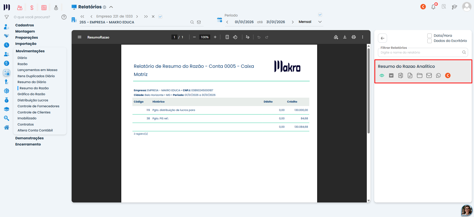 Relatório do Resumo do Razão no Sistema Contábil Makro, exibindo conta Caixa, lançamentos, débitos, créditos e saldo em visualização para conferência.