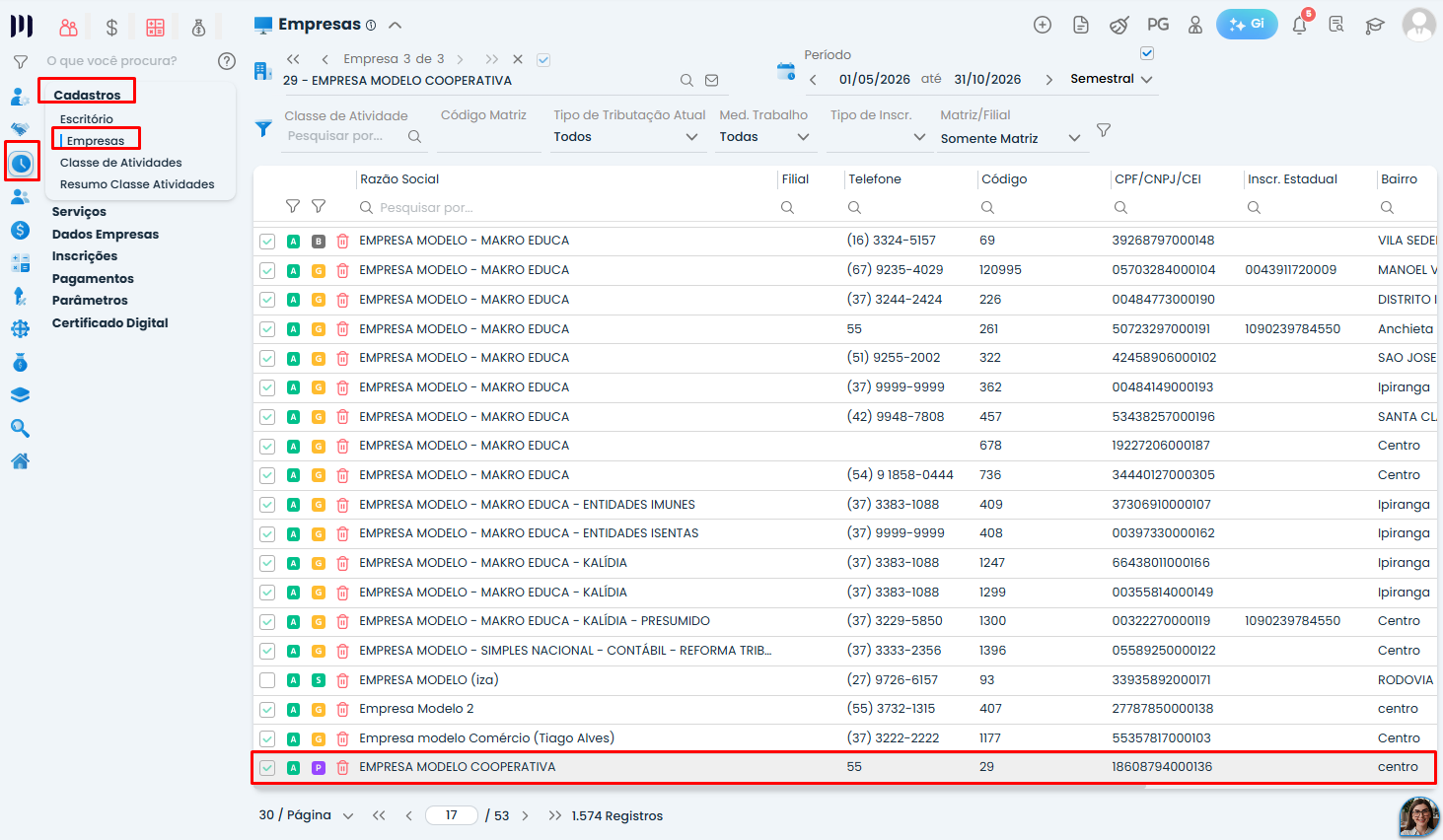 Tela de Empresas do Sistema Contábil Makro com cadastro da empresa selecionado para configurar o Balanço Patrimonial para Cooperativas.