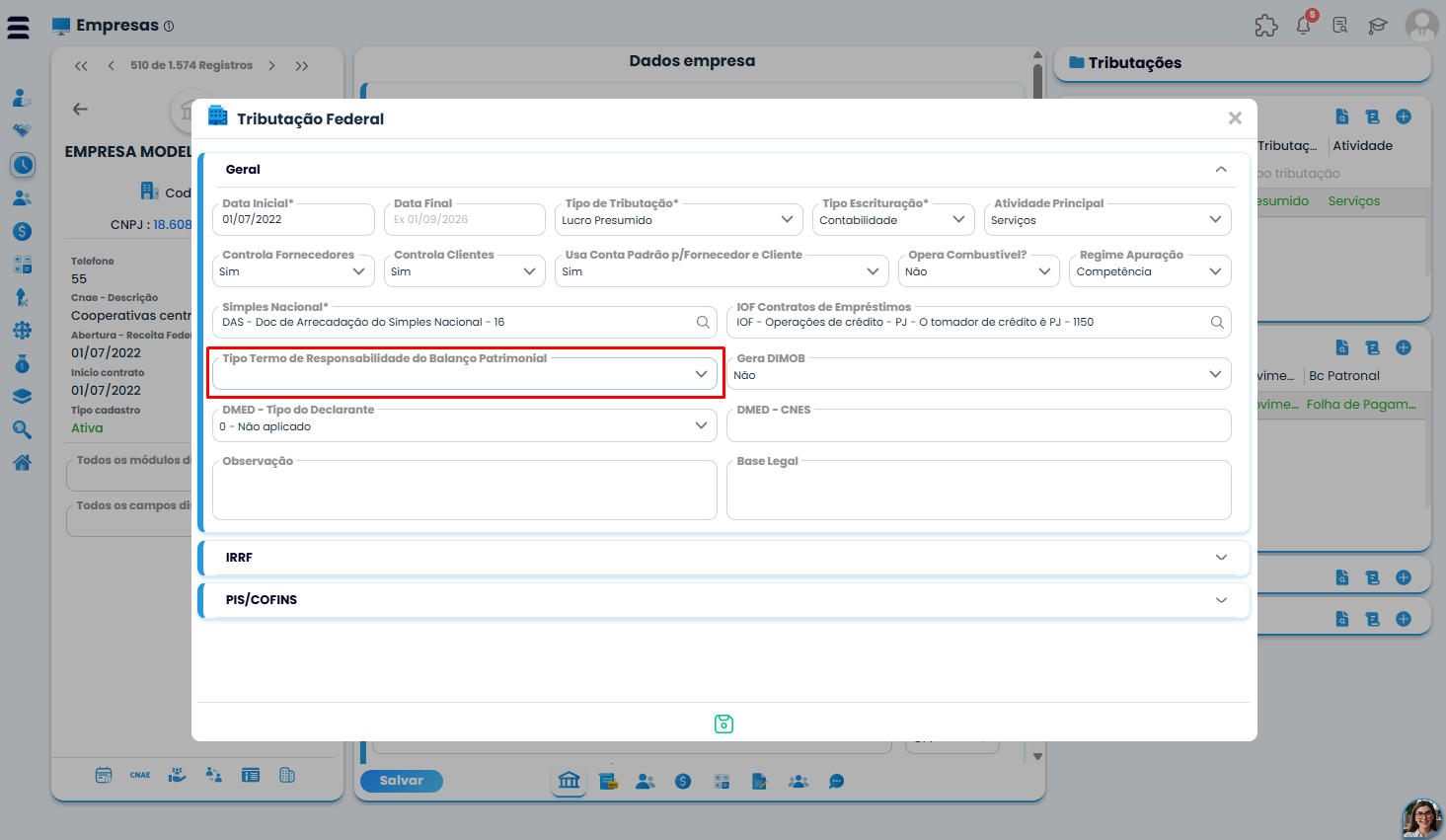 Tela do Sistema Contábil Makro com campo Tipo Termo de Responsabilidade para configurar o Balanço Patrimonial para Cooperativas.