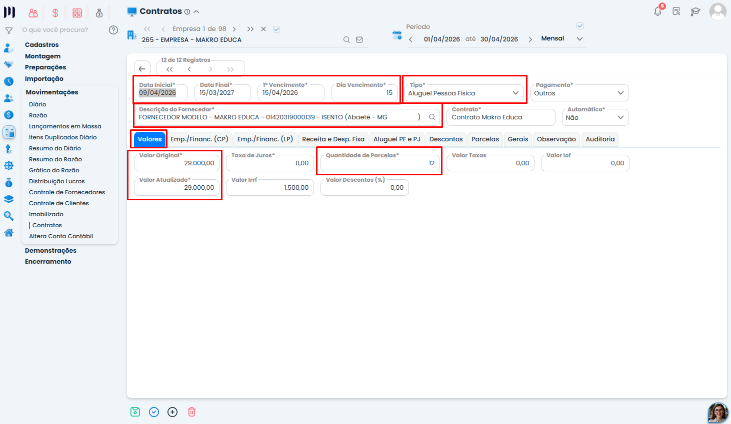 Tela do Sistema Contábil Makro destaca dados e valores do contrato para configurar parcelas de Aluguel com retenção de IRRF.