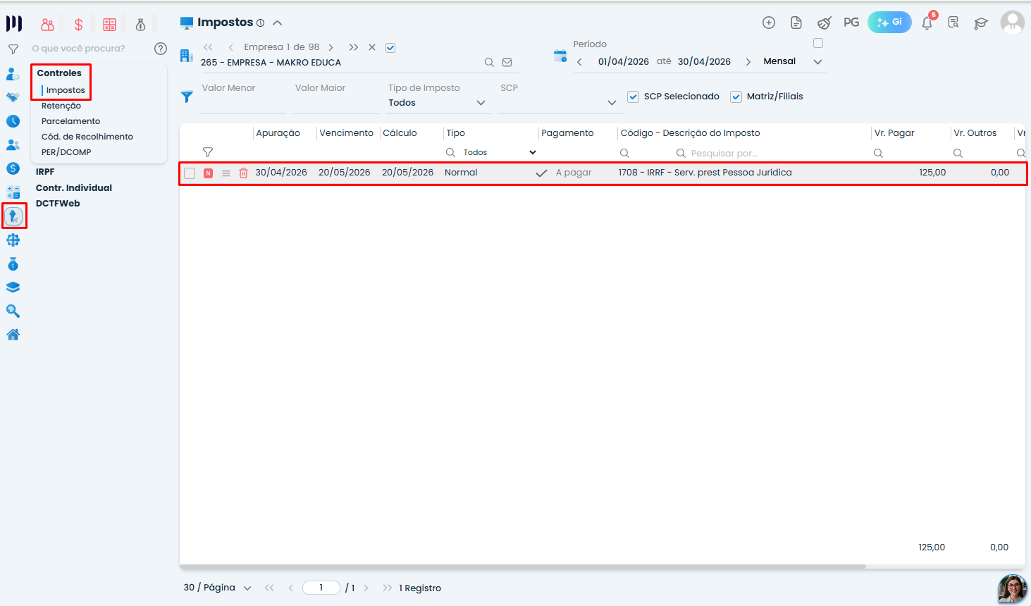 Tela de Impostos do Sistema Contábil Makro mostra o registro do tributo gerado no pagamento de Aluguel com retenção de IRRF.