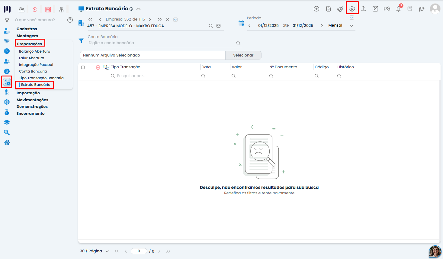 Tela de Extrato Bancário do Sistema Contábil Makro, com menu Preparações e botão de configurações para importar somente transações PIX.