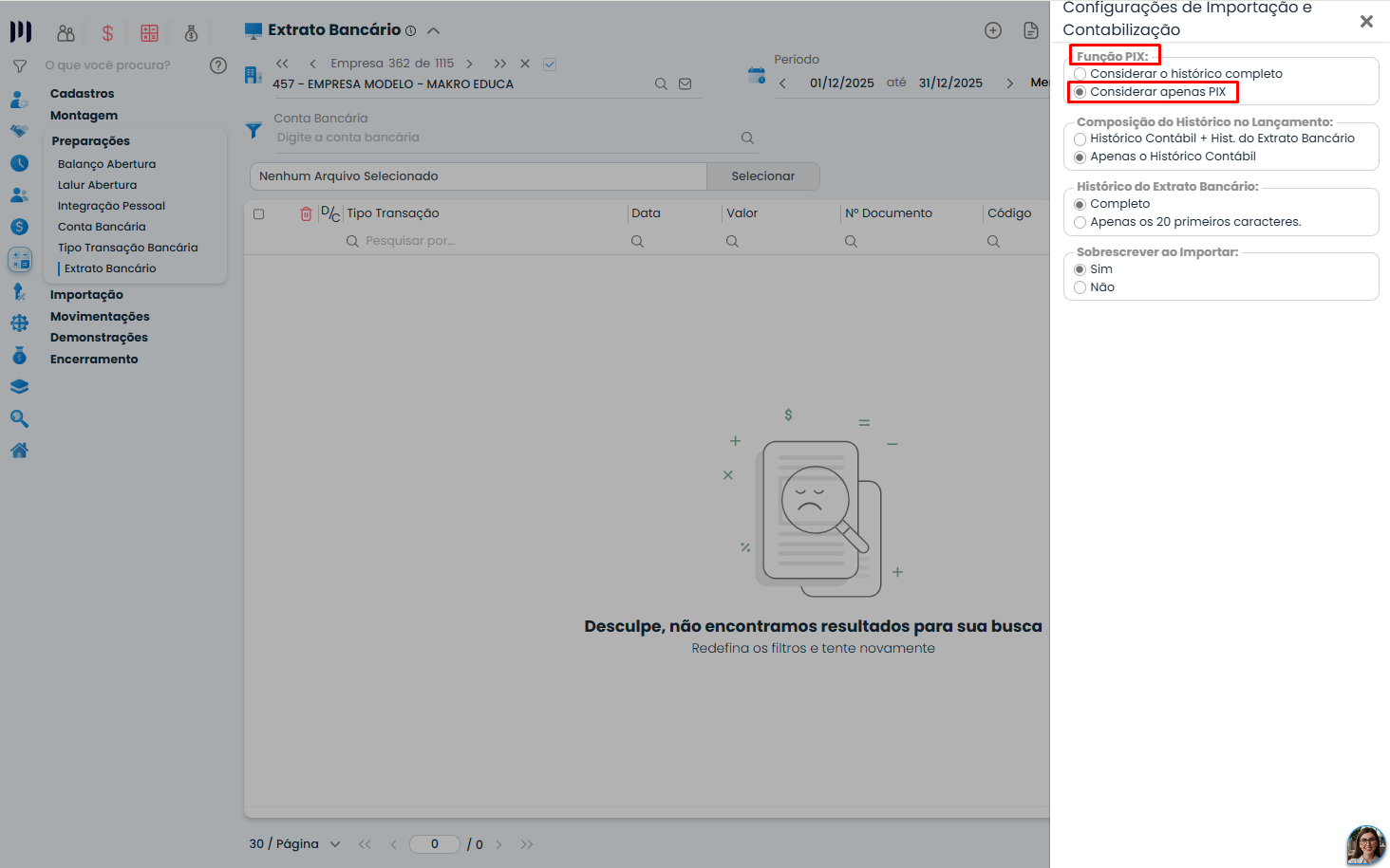 Configurações do Extrato Bancário no Sistema Contábil Makro, com destaque para a opção “Considerar apenas PIX” nas transações PIX.
