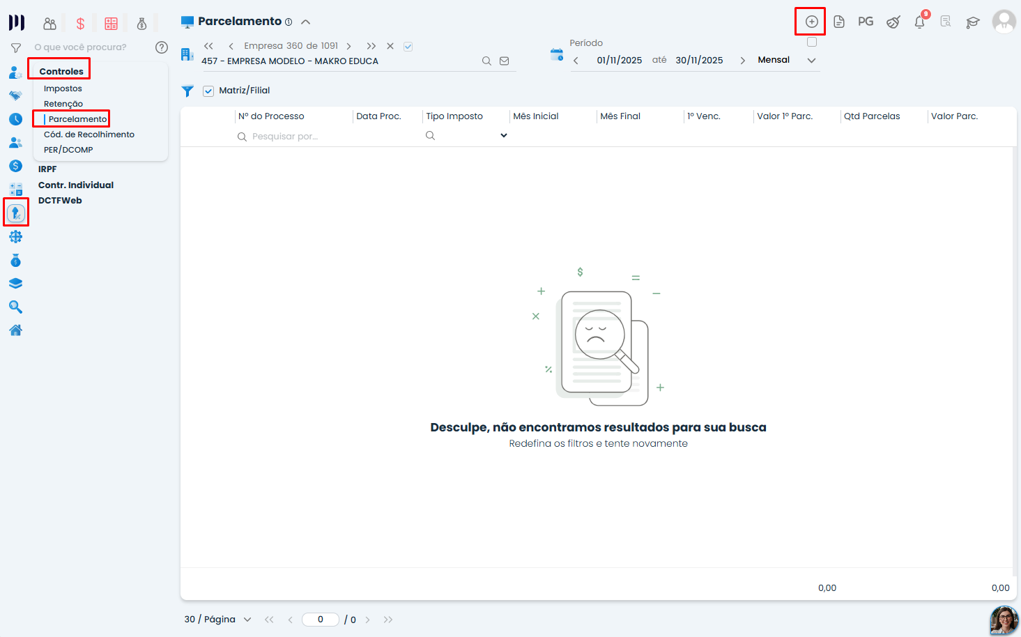 Tela do Sistema Contábil Makro destaca o menu Parcelamento em Controles para iniciar o Lançamento de reparcelamento de tributos.