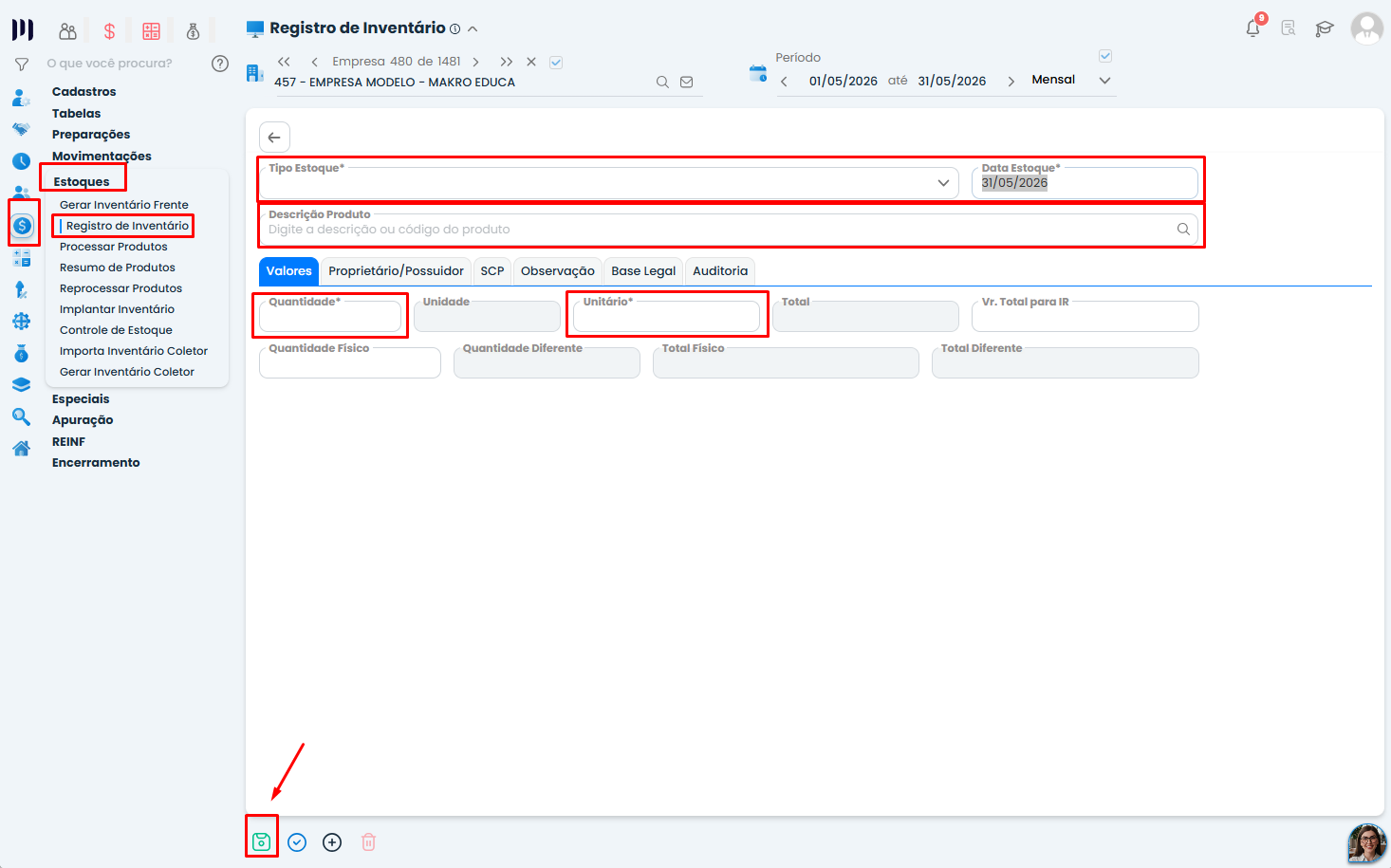 Registro de Inventário no Sistema Contábil Makro com campos de estoque, data, produto, quantidade e valor para Lançamento baixa de estoque.