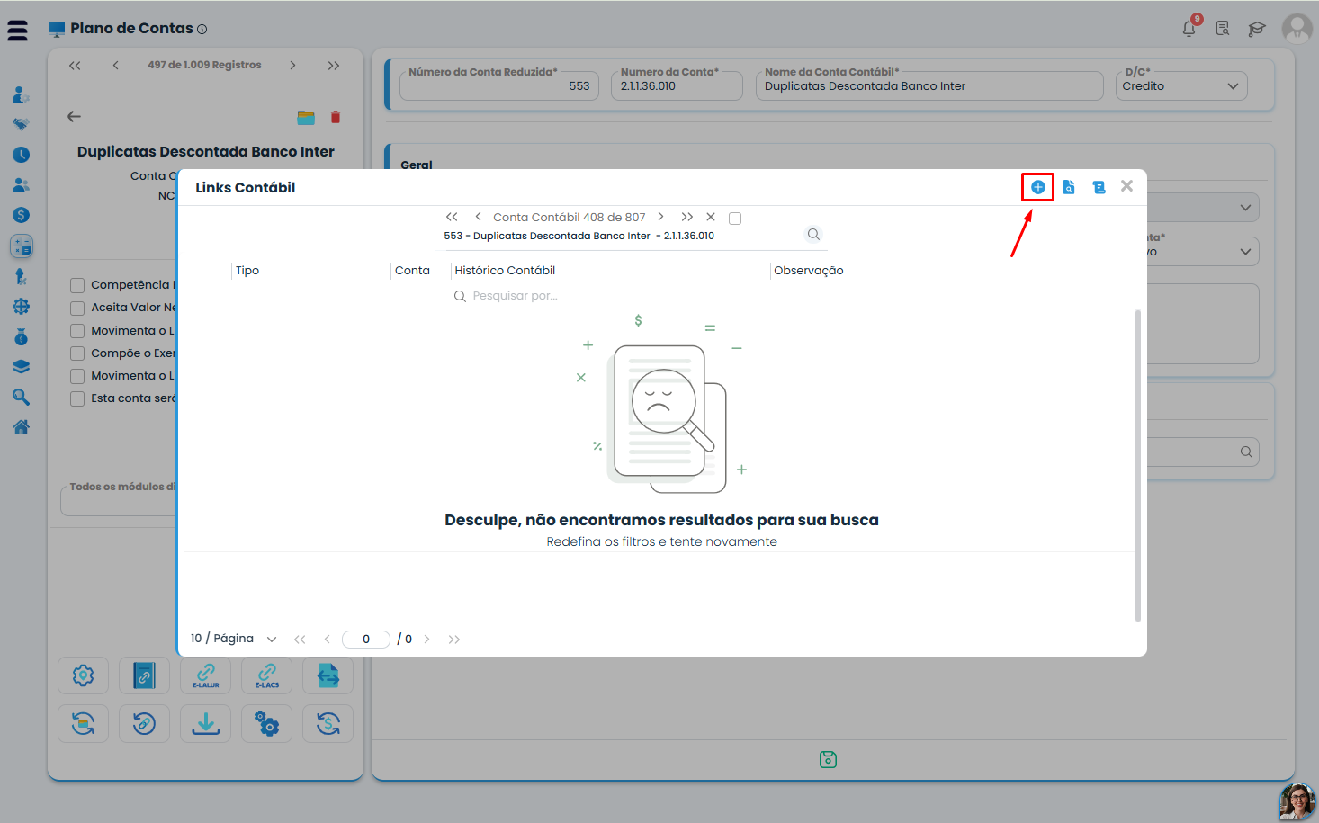 Janela de Links Contábeis no Sistema Contábil Makro mostra a inclusão de novo vínculo para configurar o lançamento de Duplicata Descontada.
