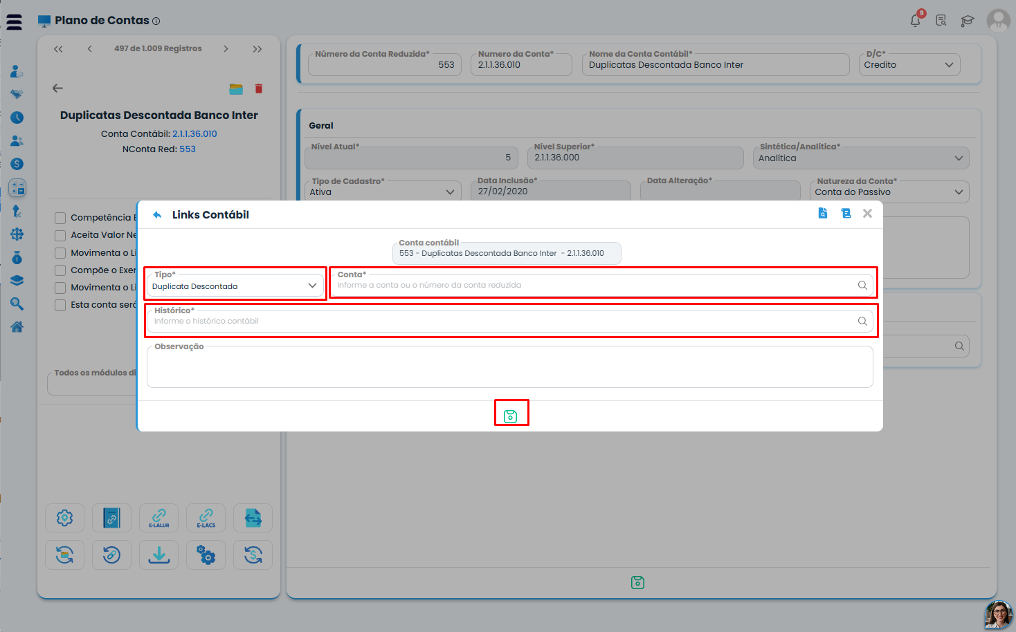 Formulário do Sistema Contábil Makro configura Duplicata Descontada com campos de conta contábil, histórico, observação e opção de salvar.