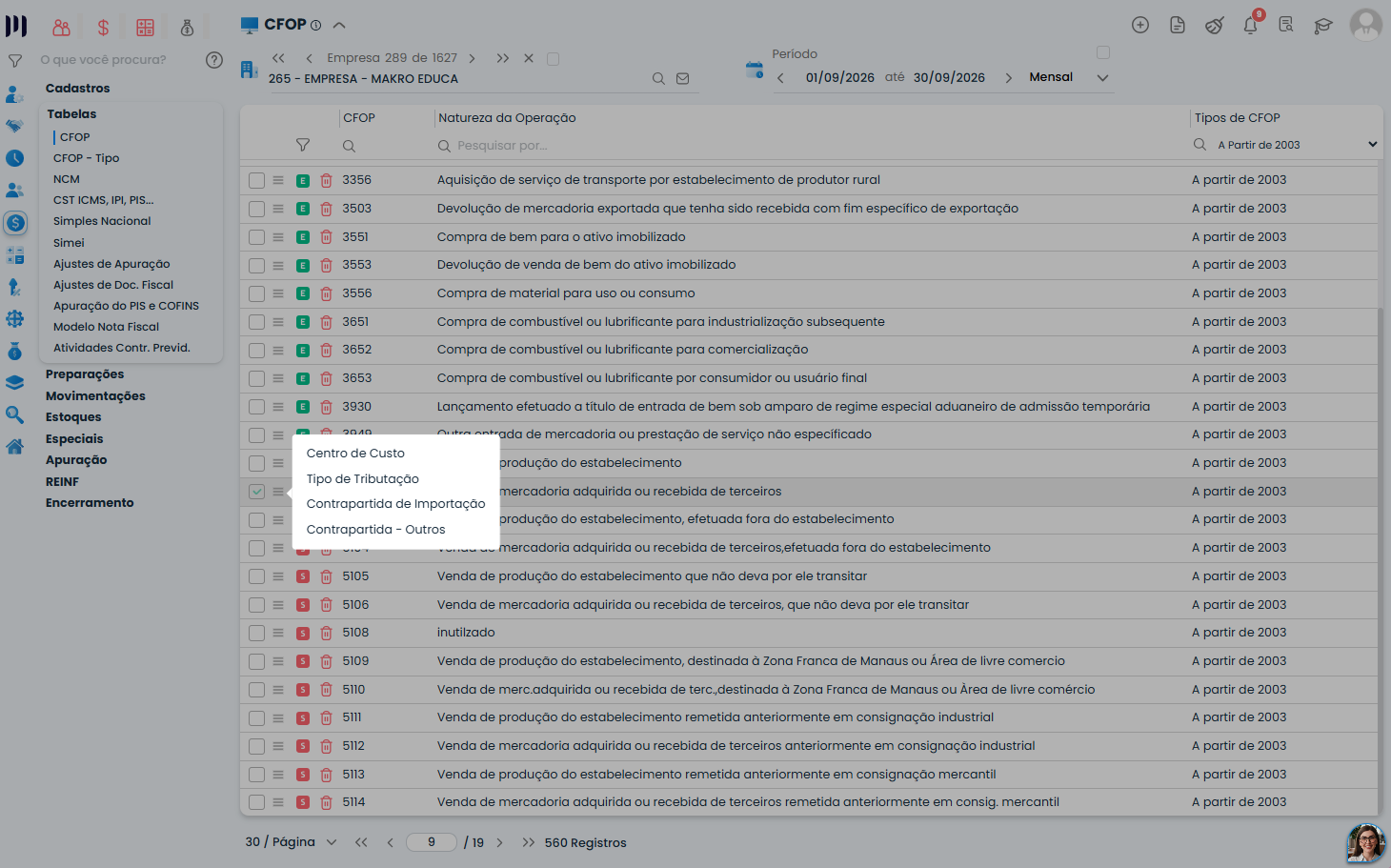 Menu de opções do CFOP no Sistema Contábil Makro com Centro de Custo em destaque para verificar a Contabilização de notas fiscais.