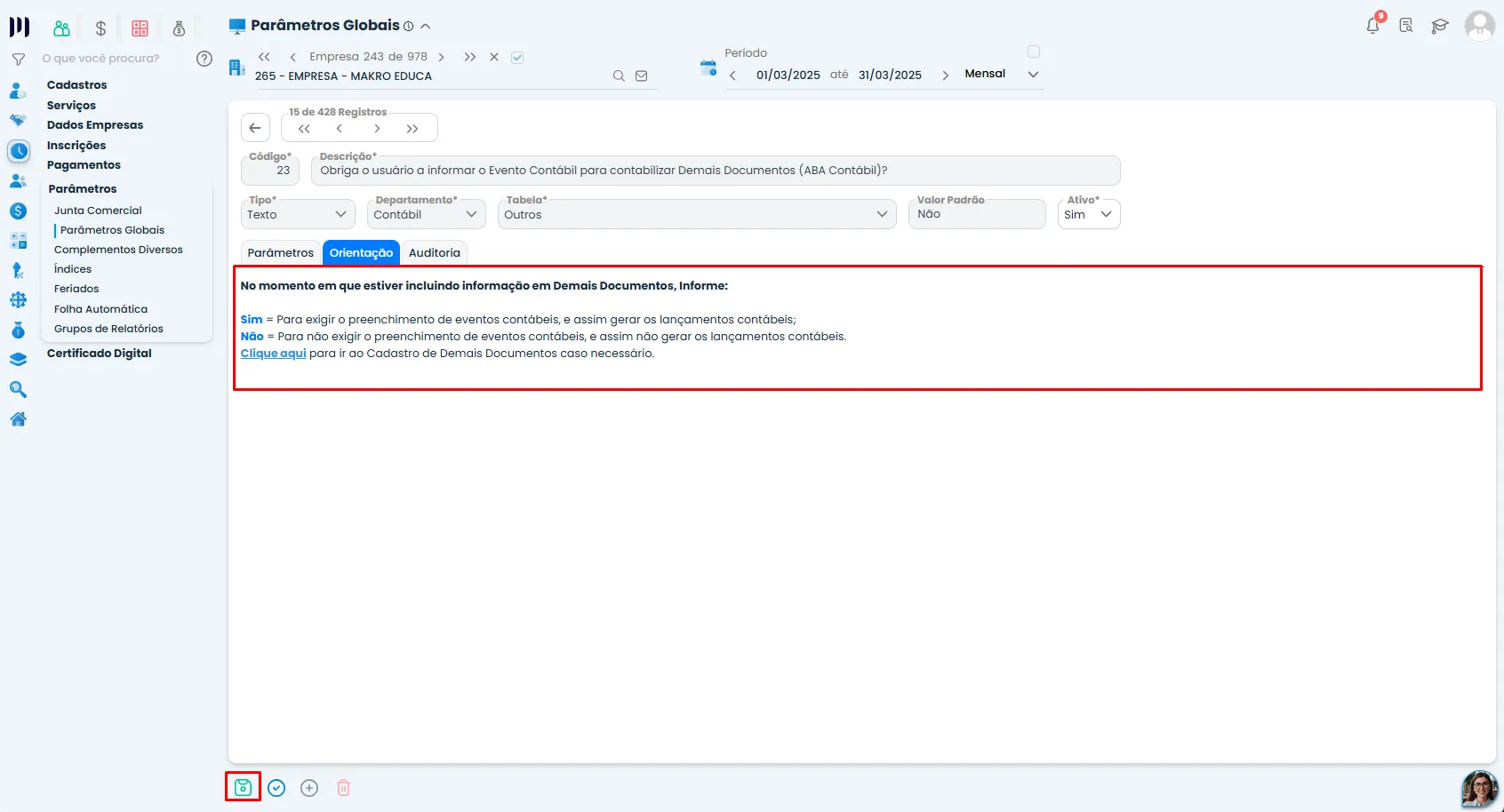 Tela do Sistema Contábil Makro com orientações da Configuração do Parâmetro 23, explicando quando usar Sim ou Não nos Demais Documentos.