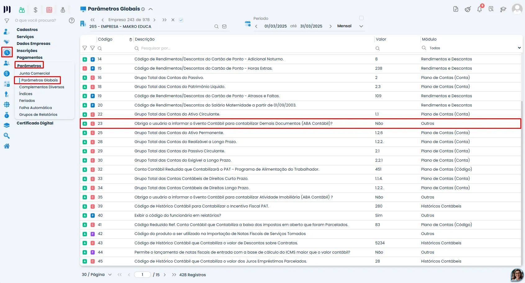 Tela de Parâmetros Globais do Sistema Contábil Makro com a Configuração do Parâmetro 23 destacada na lista de códigos e descrições.