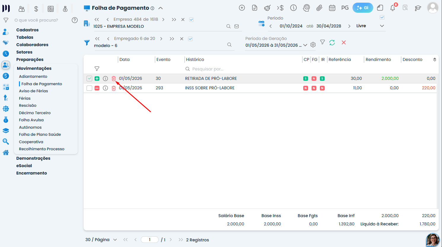 Folha de Pagamento no Sistema Contábil Makro com eventos de pró-labore destacados para orientar o desligamento de Sócio autônomo.