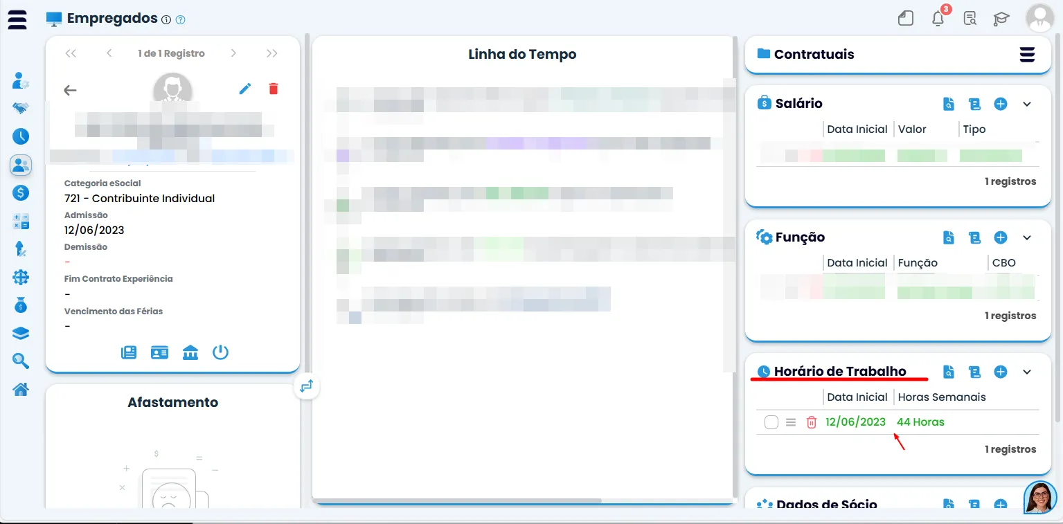 Tela de Empregados do Sistema Contábil Makro destaca o card Horário de Trabalho, etapa inicial para cadastrar a Jornada 12x36 corretamente.