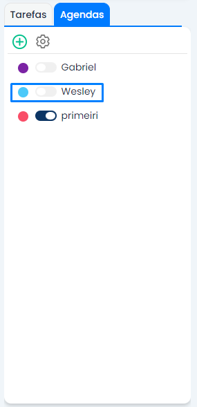Agenda no Sistema Contábil Makro com aba Agendas aberta, listando usuários, cores de identificação e controles para visualizar agendas compartilhadas.